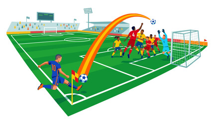 Soccer players in action at the stadium, kicking the ball towards the goal from a corner kick on the green field. © se