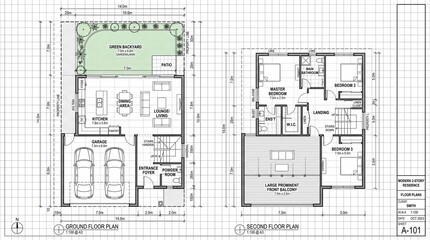 Fototapeta premium Detailed architectural blueprint of a modern 2-story residence. This technical floor plan highlights an open-concept layout, spacious bedrooms, a double garage, and a lush backyard for ideal living.