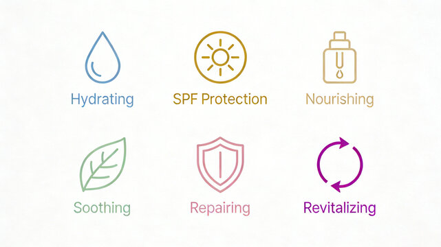 Six Morandi color skincare icons represent the concept of moisturizing, sun protection, repairing, and revitalizing, suitable for daytime skincare set products.
