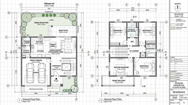 Detailed architectural blueprint of a modern 2-story residence. This technical floor plan highlights an open-concept layout, spacious bedrooms, a double garage, and a lush backyard for ideal living.