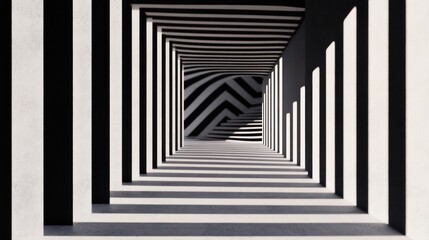 Fototapeta premium Abstract Black and White Striped Tunnel Perspective Illusion.