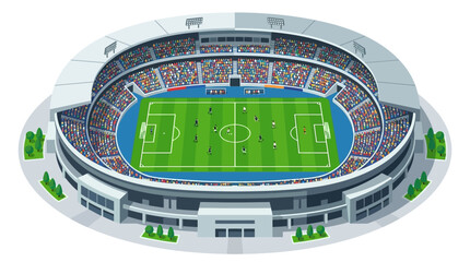 Green soccer grass with white field lines in a crowded oval stadium with bleachers, suitable for sport event themed designs. © se