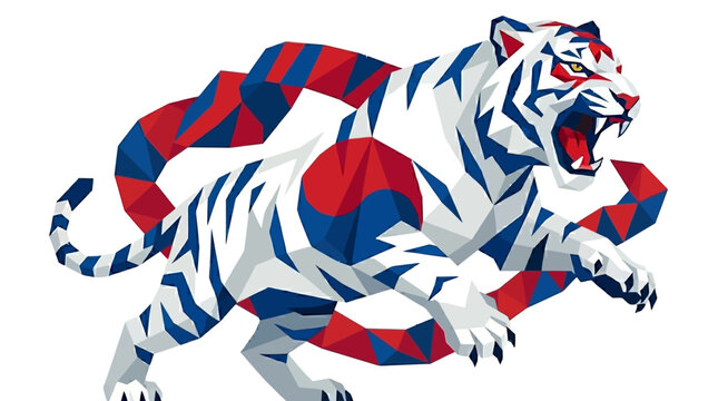Soohorang olympic mascot white tiger in geometric pattern, incorporating red, blue, and national flag colors, perfect for sports events.