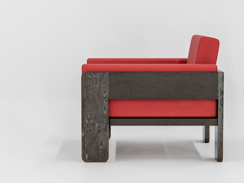 Dark wooden frame supports vibrant red cushions. Clean side view highlights modern design. Minimalist background emphasizes the sofa's structure. Contrasting colors create bold visual appeal
