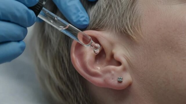 A doctor applying ear drops into a patients ear with a dropper