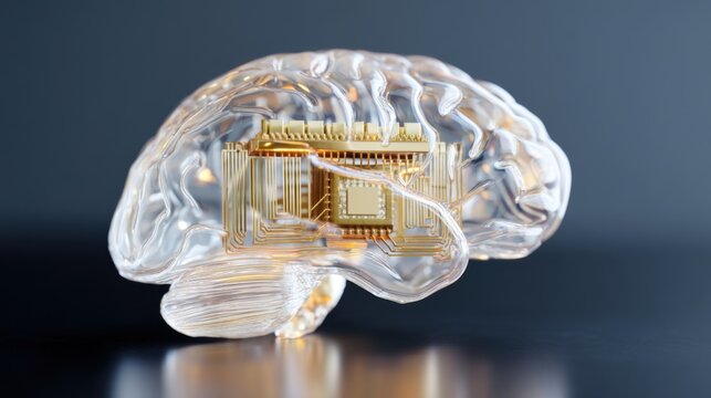 Transparent glass human brain model with a glowing gold microchip inside, dark background, ethereal light, neurotechnology, 8k