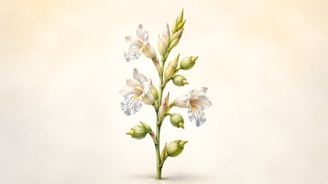 Botanical of a flowering gladiolus stem with white petals