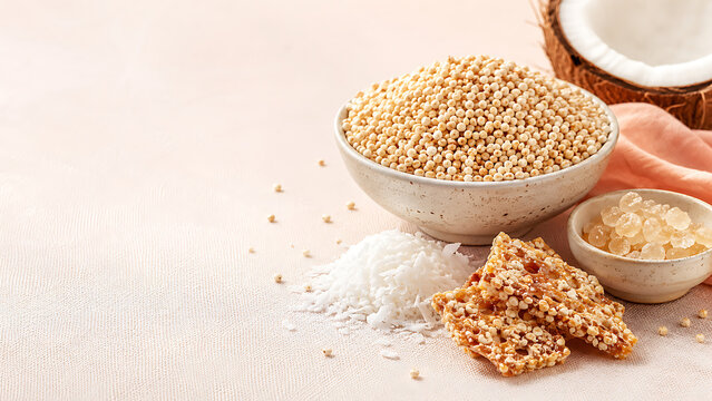 Bowl of sorghum grains with shredded coconut and grain brittle