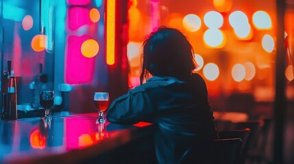Obraz premium Woman sitting at a bar with neon lights and bokeh background.
