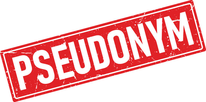 Rectangular distressed red ink stamp impression featuring the word Pseudonym in white letters