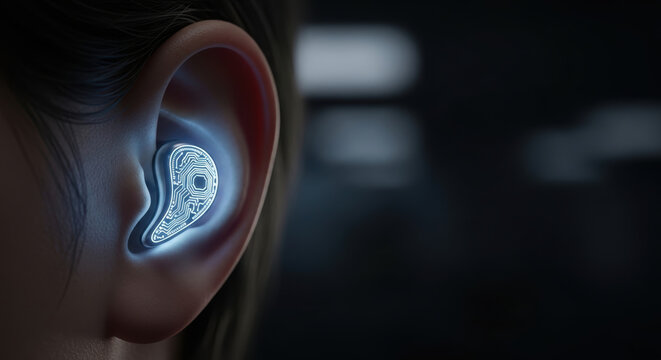 Artificial intelligence ethics highlight data privacy in futuristic ear technology glowing softly