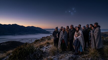 A group of Maori people wrapped in blankets stands on a grassy mountain peak at dawn, looking up at the bright Matariki star cluster