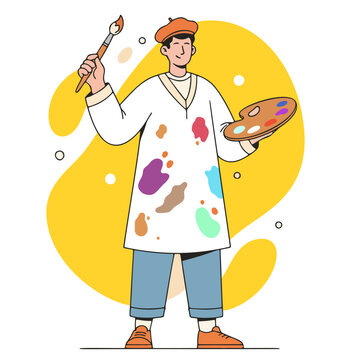 Artist holding palette and brush flat vector illustration