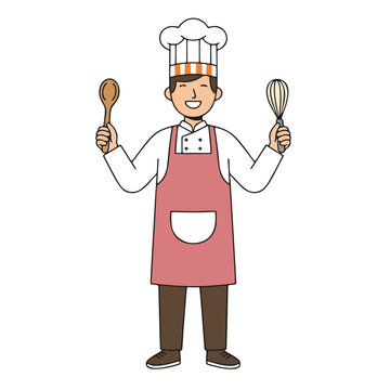 Chef holding spoon and whisk flat vector illustration