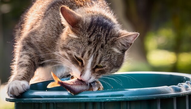 smelly cat chewing a fish bone on a trash can