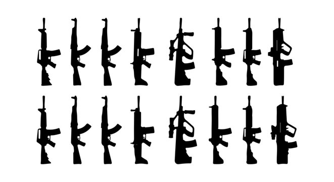 Assault Rifle Silhouettes, Military Weapon Icons, Automatic Firearm Vector Set, Combat Gun Graphics