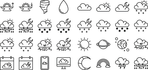 Weather forecast thin line icon set. Meteorology, climate change, sun, clouds, rain, and temperature vector linear icons. © Nipa