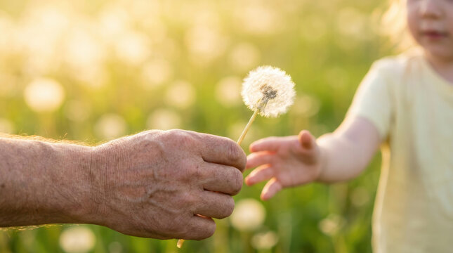 Elderly hand offering dandelion to child in meadow mental health awareness gentle connection sunlight hope