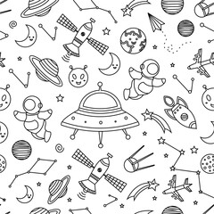 Space themed pattern background. Seamless pattern of space themed doodle pattern background. Hand drawn spaces doodle pattern background. Seamless space planet kid doodle universe design. © Predi