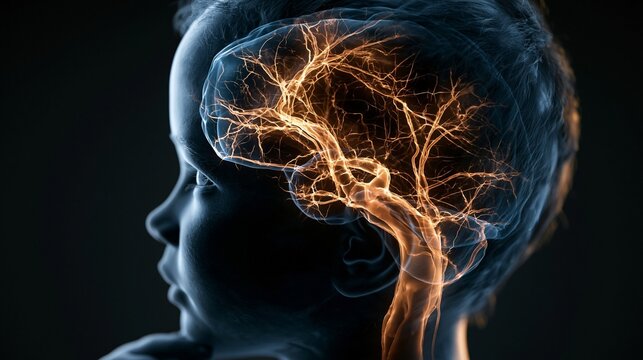 A child's developing brain glows with branching circuits inside a translucent head silhouette, dark studio background, thoughtful and hopeful mood, gentle blue and amber light, close-up composition.
