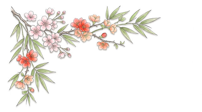 Top-left corner botanical ornament featuring cherry blossom branches, flowering quince and bamboo leaves with soft spring palette