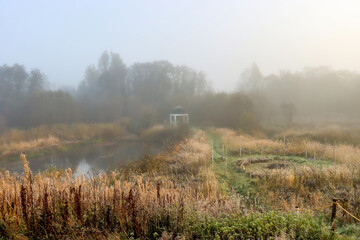 Fototapeta premium Serene Morning Mist Over Autumn Pond with Distant Gazebo