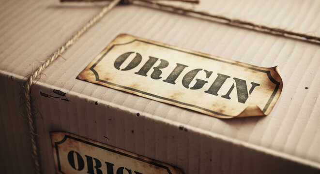 Vintage origin label on cardboard box tied with string showing e commerce logistics evolution concept