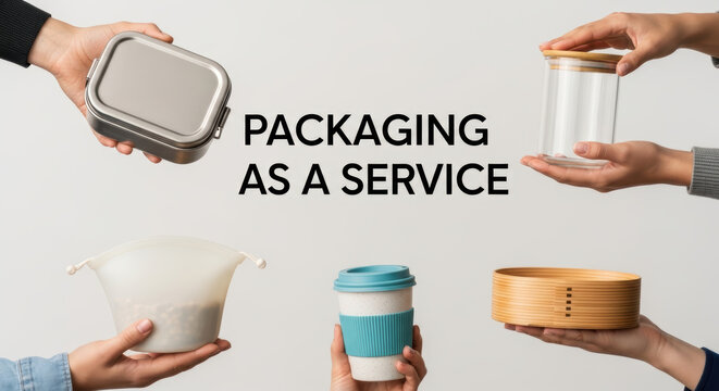Packaging container reusable e commerce logistics evolution concept with hands holding various sustainable boxes and jars in bright setting