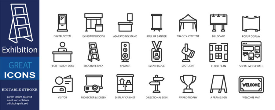 Collection of 21 editable stroke icons designed for exhibition management, trade shows, event platforms, venue navigation, and marketing dashboards. Includes booths, displays, registration, signage