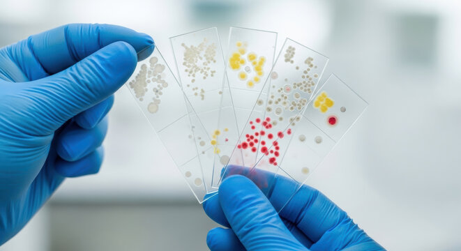 Microbiologist holding antimicrobial resistance test slides with bacterial colonies in laboratory environment for research and analysis