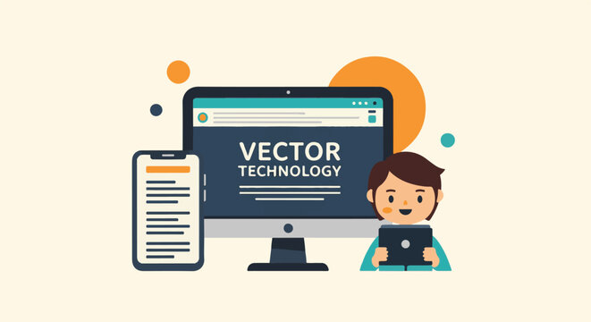 A cartoon man sits beside a computer and phone with vector technology on screen