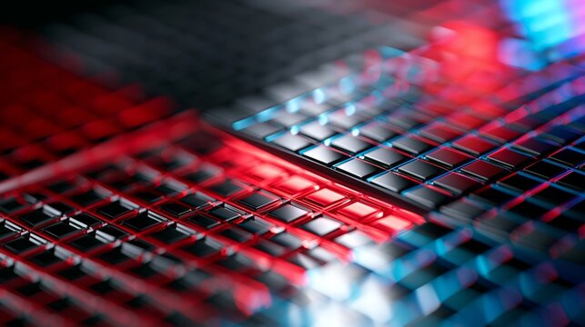 silicon photonics wafer with glowing optical waveguides macro detail