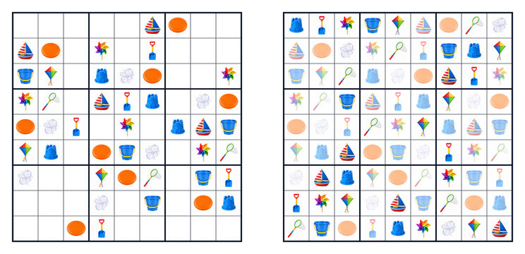 Children sudoku puzzle with summer icons easy