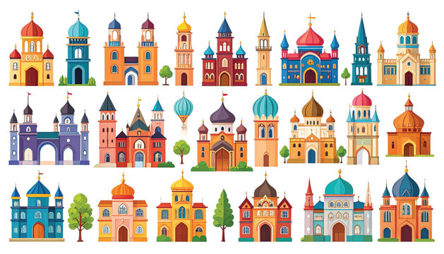 Colorful cartoon buildings and towers.