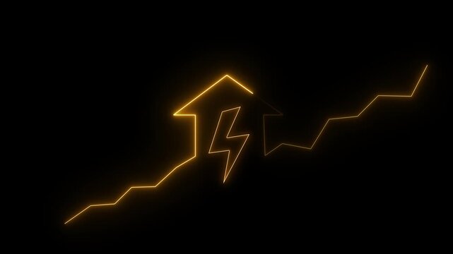 Orange neon arrow with lightning bolt and rising graph on black background Motion graphic of concept bright charge animation 4k video