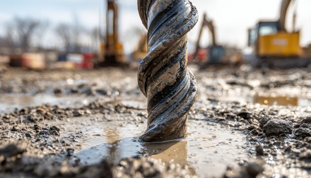 Construction site with heavy machinery and a close-up of a drill bit emerging from muddy ground