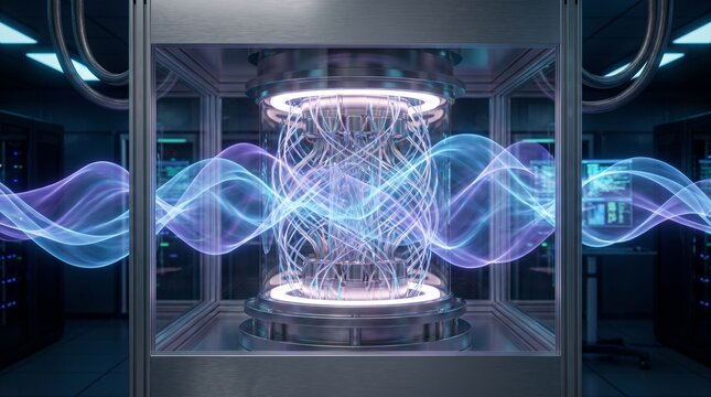 Advanced quantum computer core generating energy waves in server room