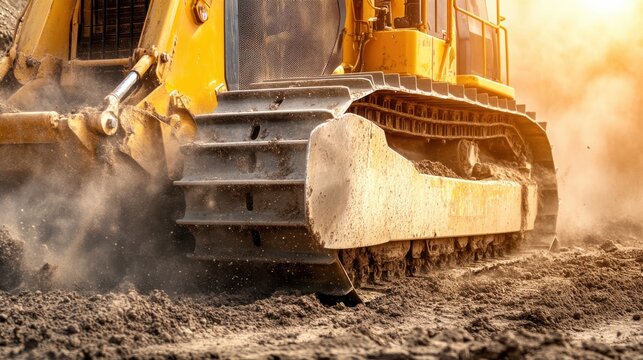 Bulldozer blade scraping compacted earth on construction site