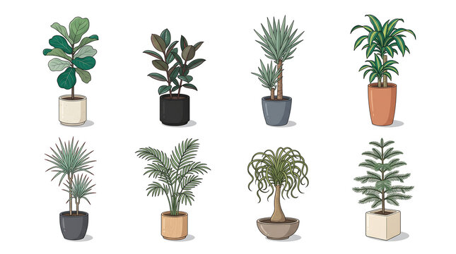 Clean minimalist vector-style illustration of eight tall and architectural indoor plants arranged in two neat rows of four on white background