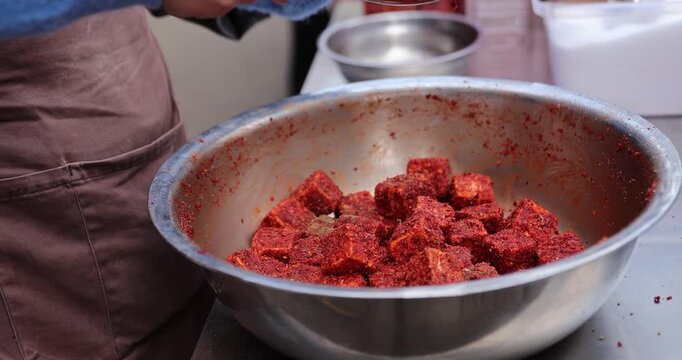 Mold tofu or commonly called hairy tofu sold on the street in China.