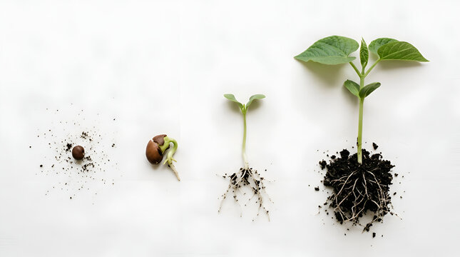 Evolutionary stages of plant growth from seed to seedling with exposed roots on white background showing developmental progress and life cycle