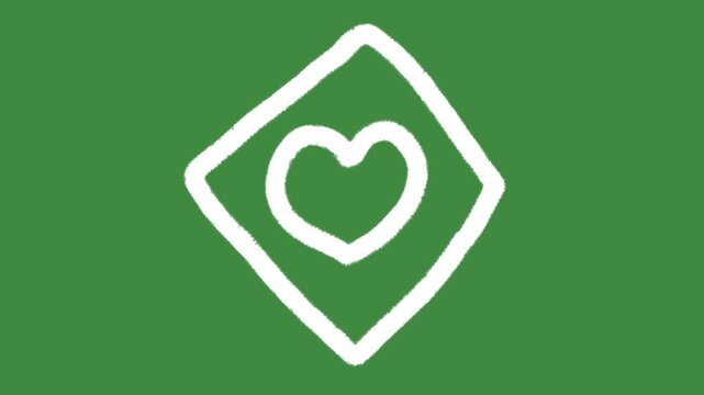 Corporate social responsibility heart hand-drawn cartoon graphic with chalk outline rhombus love icon isolated on green screen background for school classroom health education and nonprofit community.