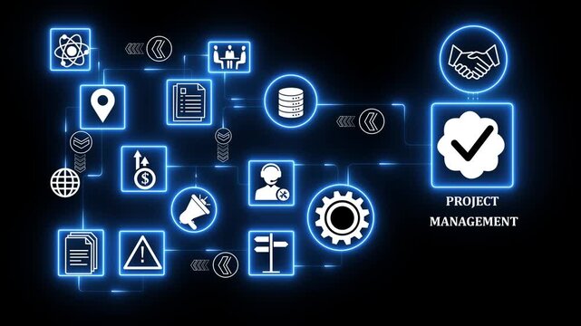 project manacement technology icons network with balance shield trust icon system illustrating corporate responsibility integrity compliance and governance interface motion graphics animation 4k video