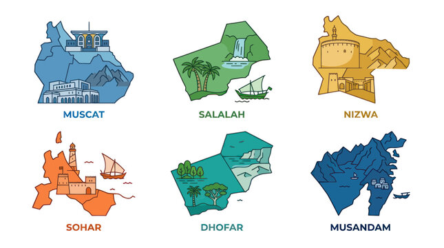 Oman Regions Map Illustrations: Muscat, Salalah, Nizwa, Sohar, Dhofar, Musandam