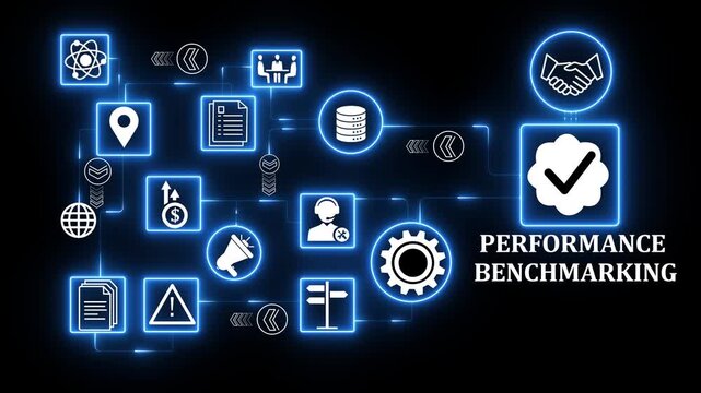 performance benchmarking technology icons network with balance shield trust icon system illustrating corporate responsibility integrity compliance and governance interface motion graphics 