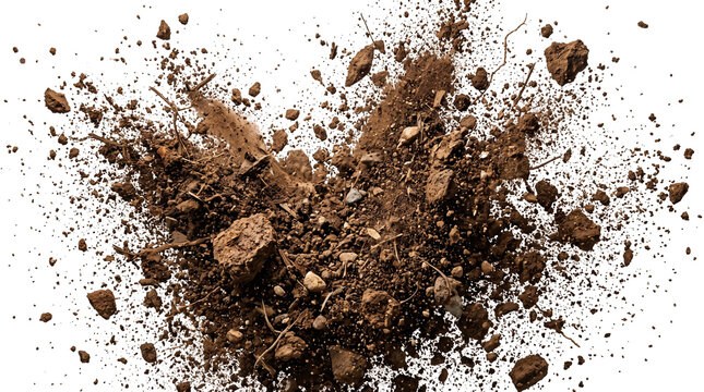 Exploding soil and brown earth particles, dynamic dirt splash with flying rocks and dust, organic garden ground texture for agriculture and construction isolated PNG with Transparent Background
