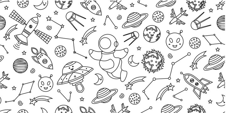 Space themed pattern background. Seamless pattern of space themed doodle pattern background. Hand drawn spaces doodle pattern background. Seamless space planet kid doodle universe design.