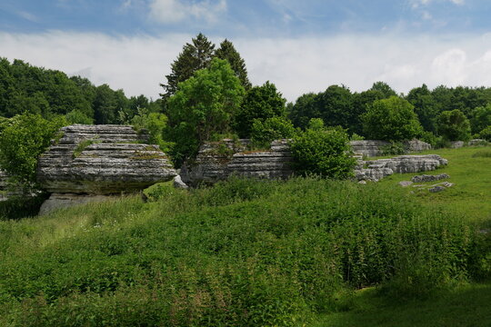 Natural limestone rock formations in Valle delle Sfingi, Lessinia, Veneto, Italy