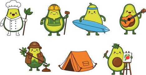 Fototapeta premium Cute Avocado Character Collection with Chef Explorer Surfer Musician and ArtistCute Avocado Character Collection with Chef Explorer Surfer Musician and Artist