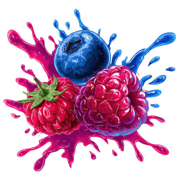 Colorful berry splash drink art, vibrant blueberry raspberry illustration, juicy fruit explosion, bright liquid splash, sweet summer beverage, vivid juicy painting